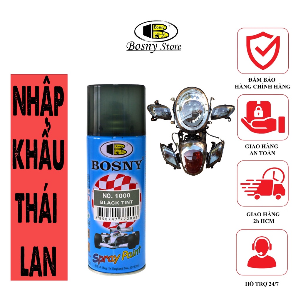 sơn xịt hiệu ứng chói đèn Bosny Black Tint (màu xám khói) nhập khẩu từ Thái Lan