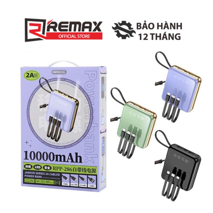 Pin dự phòng Remax RPP-286 10000mAh kích thước siêu nhỏ tích hợp cáp 3 in 1