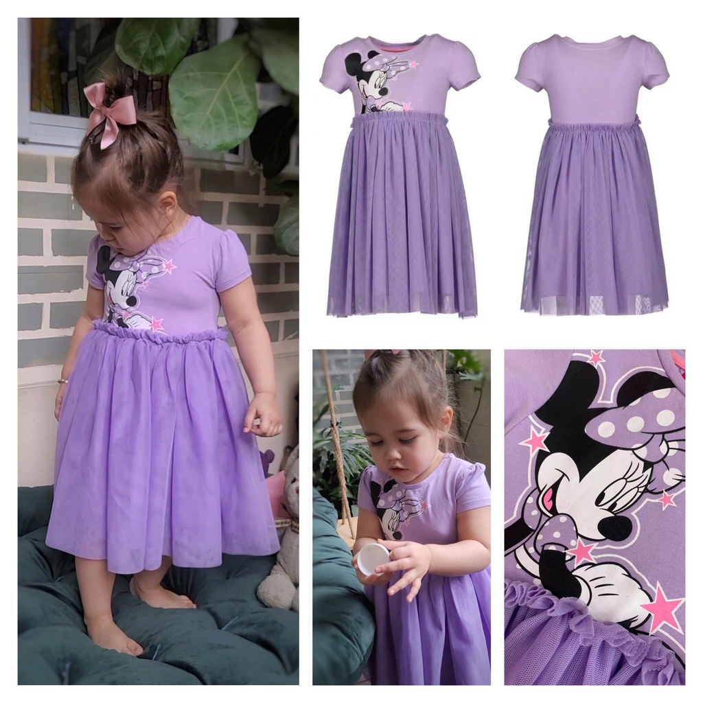 Váy Minie Disney chân voan bé gái xuất dư. Màu tím tôn da, chất liệu siêu đẹp,xịn, in hình Minie siêu cưng. Size 2-7Y
