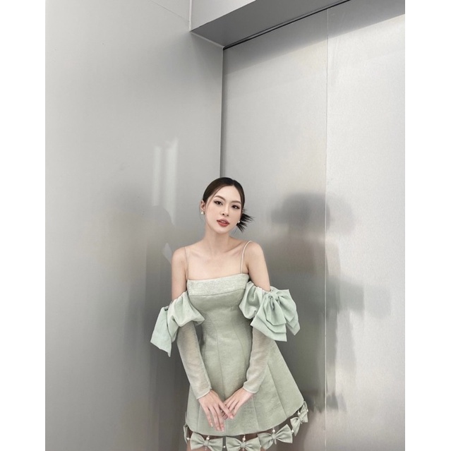 ĐẦM XANH 2 DÂY RỚT VAI TAY PHỒNG PHỐI NƠ