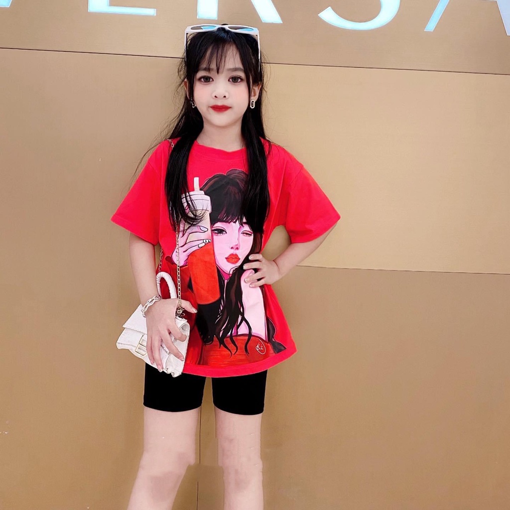 Đồ bộ bé gái, set áo thụng kèm quần legging đùi họa tiết cô gái size 8-33kg