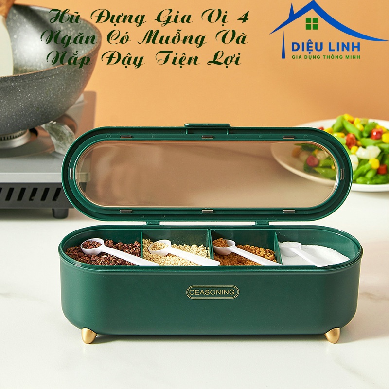 Hủ Đựng Gia Vị 4 Ngăn Có Muỗng Và Nắp Đậy Phong Cách Bắc Âu Tiện Lợi Cho Nhà Bếp DieuLinhshop