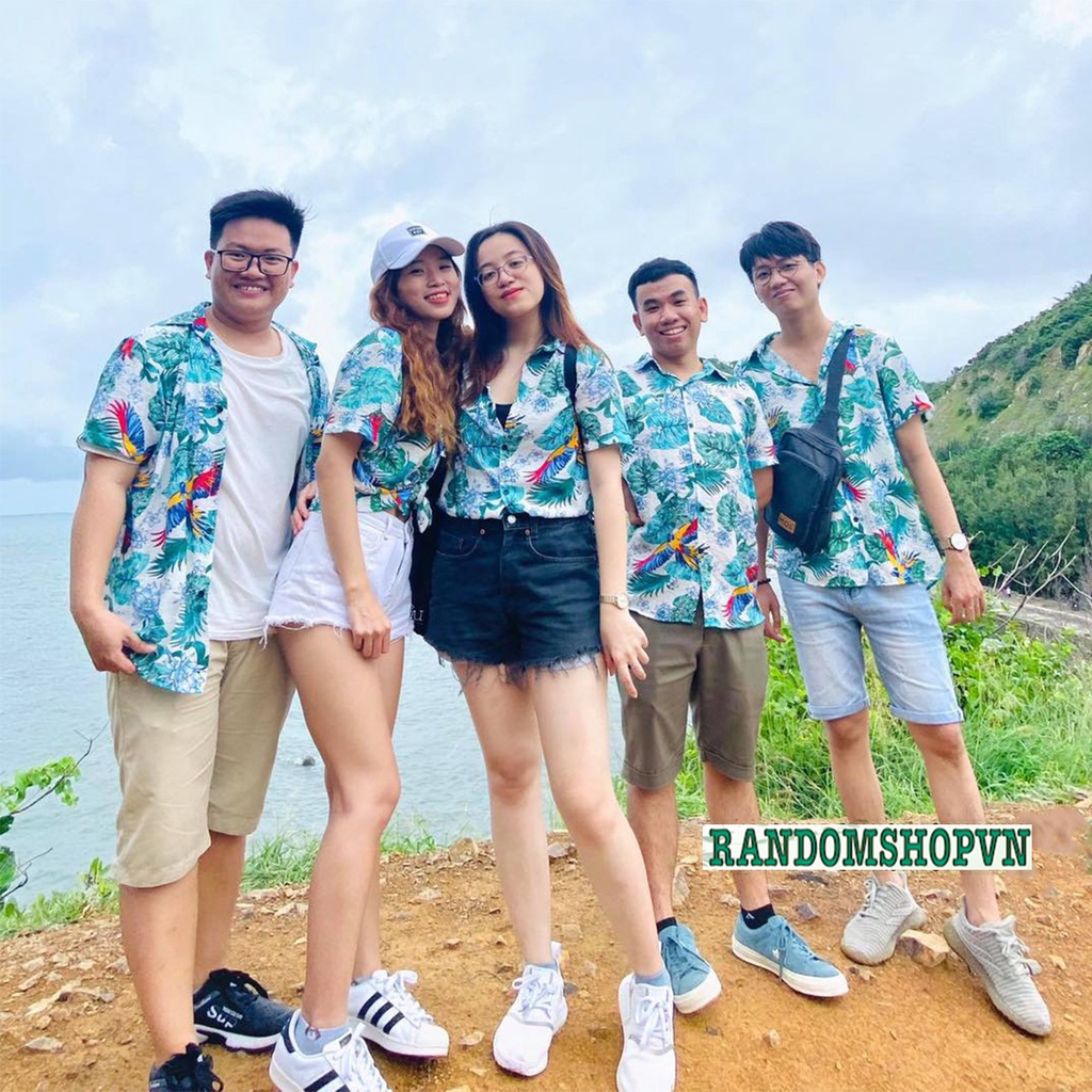 Áo Sơ Mi Đi Biển Vải Đũi Mềm Mát phong cách hawaii họa tiết hoa lá chim cò mặc nhóm đồng phục đi biển áo lớp sơ mi