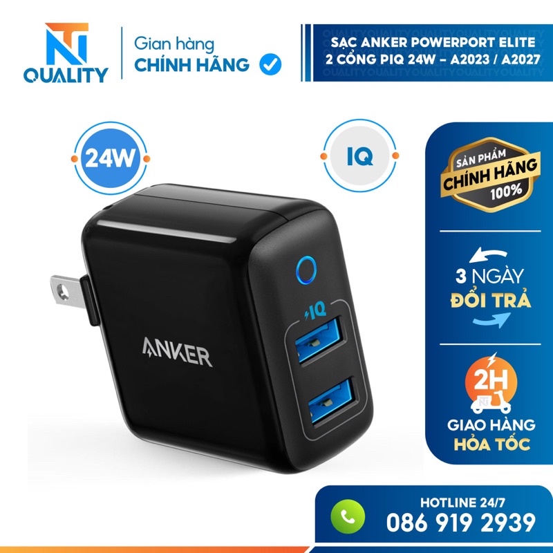 Sạc ANKER PowerPort Elite 2 cổng PIQ 24W - A2023 / A2027 - CỐC SẠC 2 THIẾT BỊ CẮM ĐƯỢC 2 DÂY -CHUẨN 24w cho ip và androi