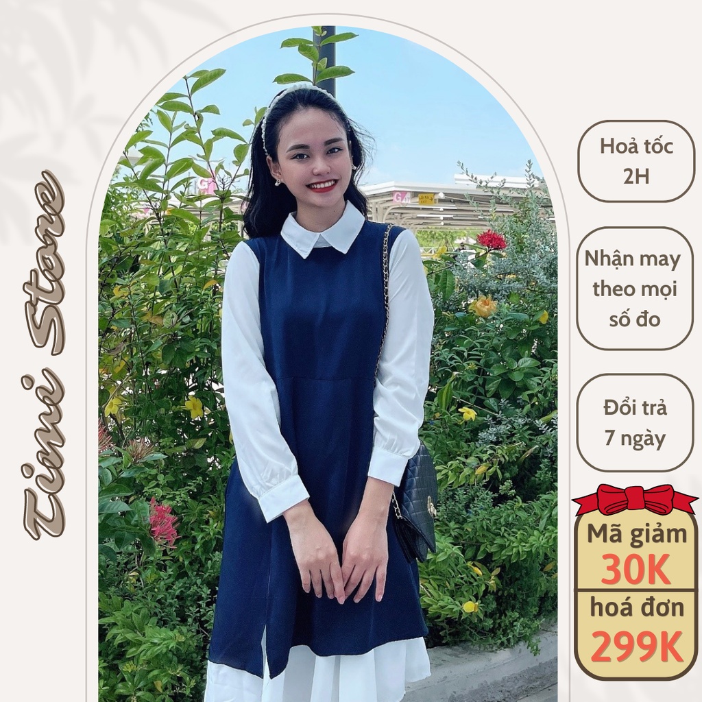 Váy bầu công sở TIMI màu xanh và đen có phần xẻ sườn phối trắng, vải dày dặn lịch sự, hàng đủ size 40-100Kg MYC1283