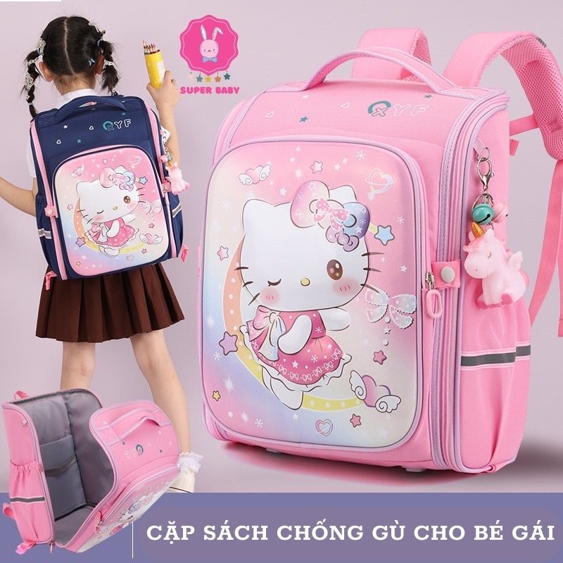 Balo chống gù, cặp sách trẻ em cho bé gái đi học tiểu học lớp 1 2 3 họa tiết 3D Kitty Công chúa Elsa Superbaby 2022