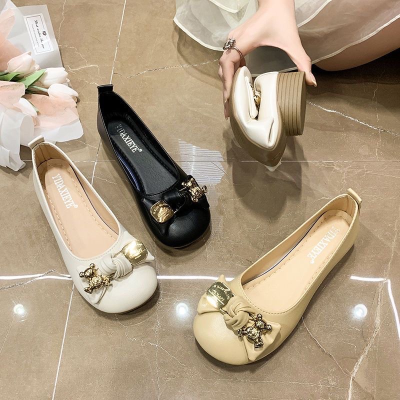 Giầy búp bê khuy nơ 3 màu đen, kem, vàng nhẹ nhàng êm chân thời trang kiểu Hàn Quốc Ulzzangshop520