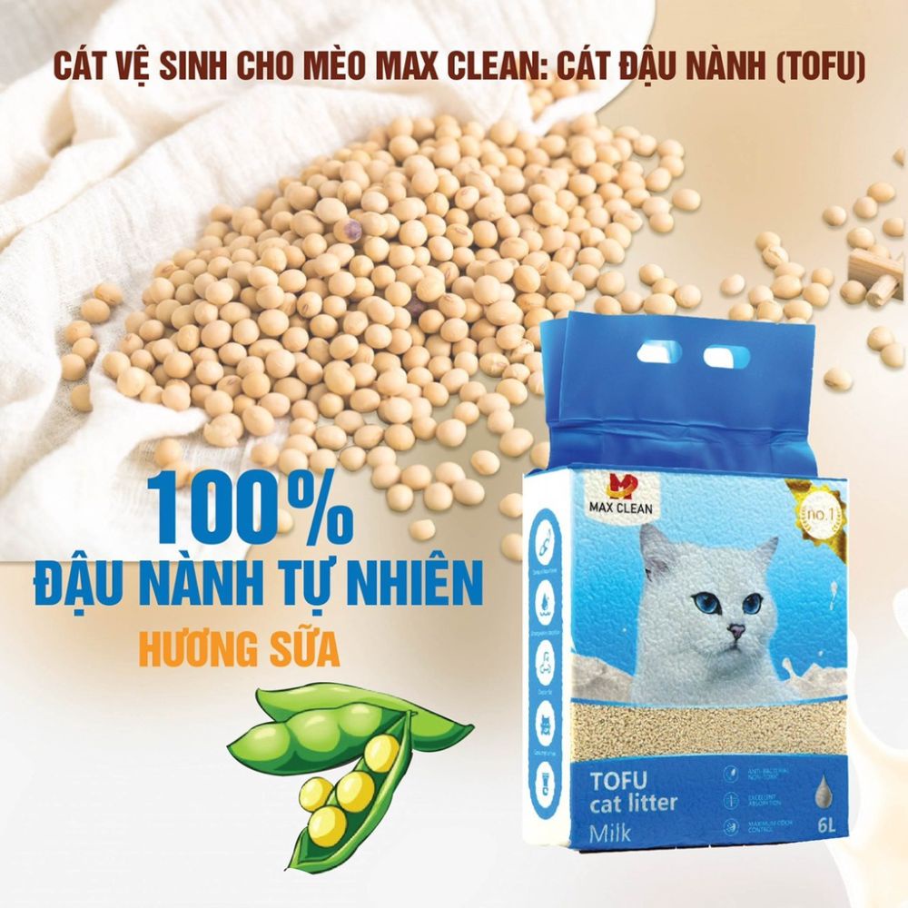 Cát vệ sinh cho mèo Max Clean, Cát đậu nành vón tốt, không bụi, khử mùi tốt, 2,5 kg 6 lít - Max Clean