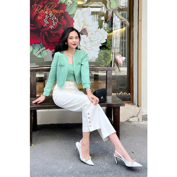 Áo blazer croptop xanh mint chất liệu Tweet mỏng nhẹ cao cấp Gunich