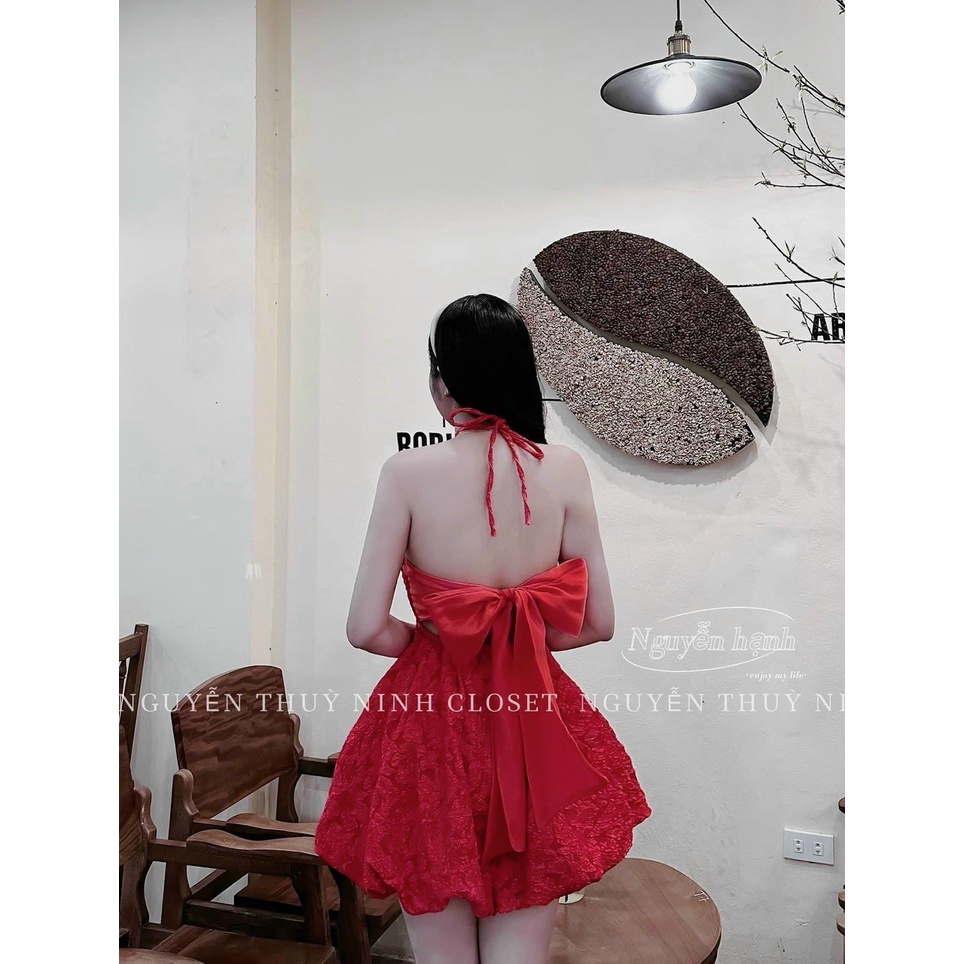 Váy đầm nữ cổ yếm hở lưng quyến dũ họa tiết phối nơ sau eo cực xinh 3 màu tôn da dễ thương đi chơi dự tiệc