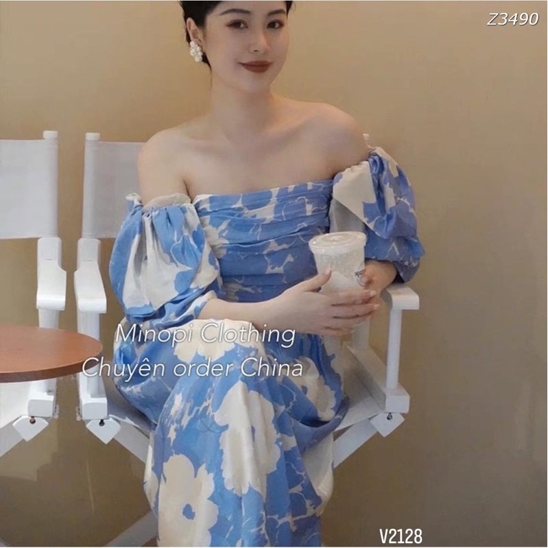 Váy trễ vai màu xanh dương nhạt tay bồng thêu hoa dáng dài !