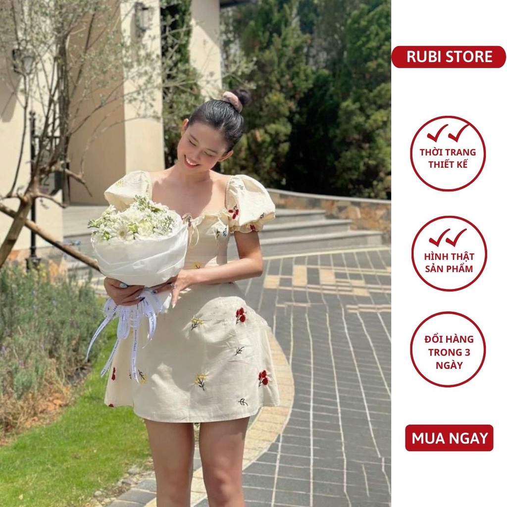 V248 - Đầm thiết kế RUBI STORE dáng xoè ngắn tay bo bèo cổ vải thô thêu hoa nhí cực xinh