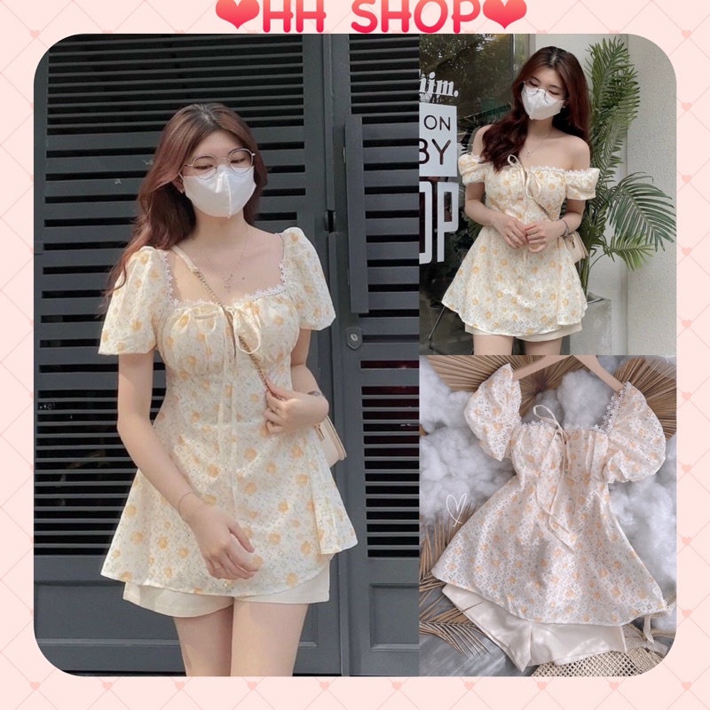 Set bộ đồ nữ Set váy nữ Set áo hoa trễ vai viền ren tay phồng có đệm ngực mix quần Sooc hot hit 2023
