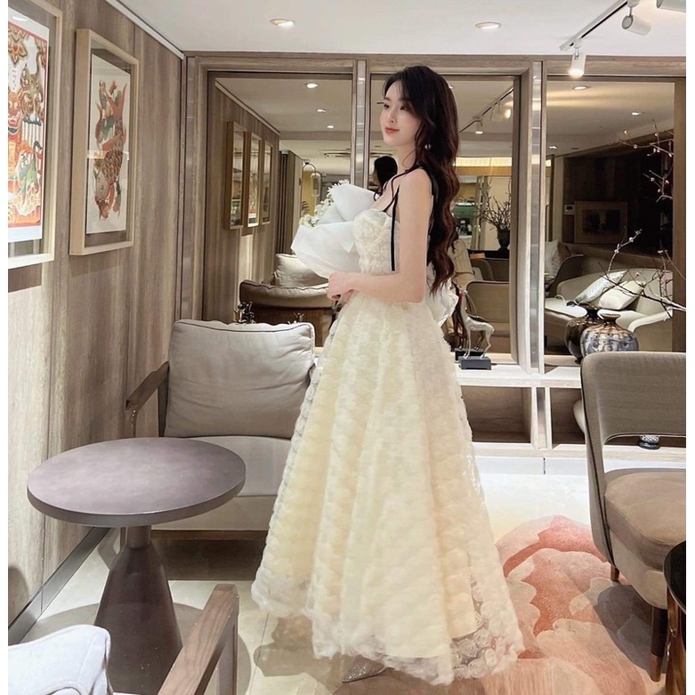 Đầm hai dây thắt nơ ren dập hoa Wabisabi N1402