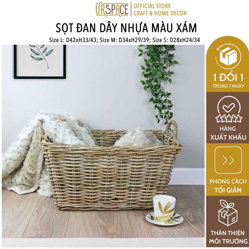 Sọt giặt URSPACE đựng đồ, quần áo dơ, đồ chơi hình chữ nhật màu xám có quai cầm tiện dụng