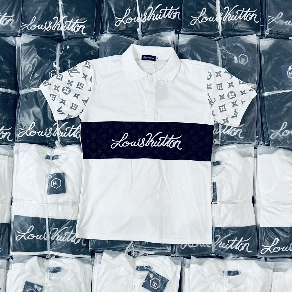 Áo thun nam nữ cổ trụ phối họa tiết LV vai bụng in chữ, chất cotton mềm mịn thời trang hot trend
