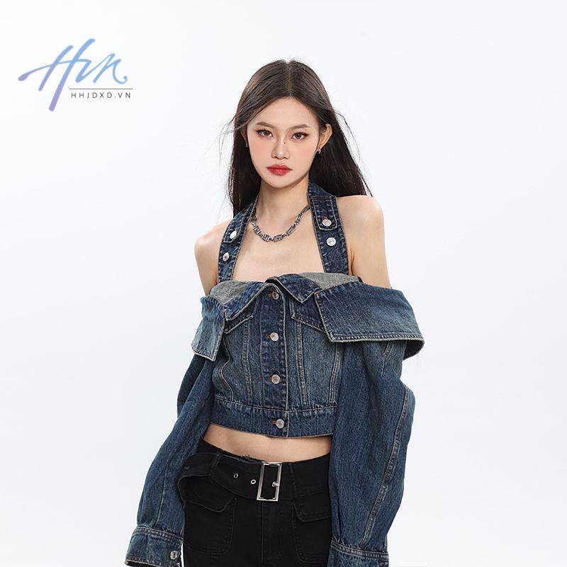 Áo Khoác Denim Dáng Rộng Hở Vai Thời Trang Mùa Xuân 2023 Phong Cách Mỹ Hàng Mới Dành Cho Bạn Nữ
