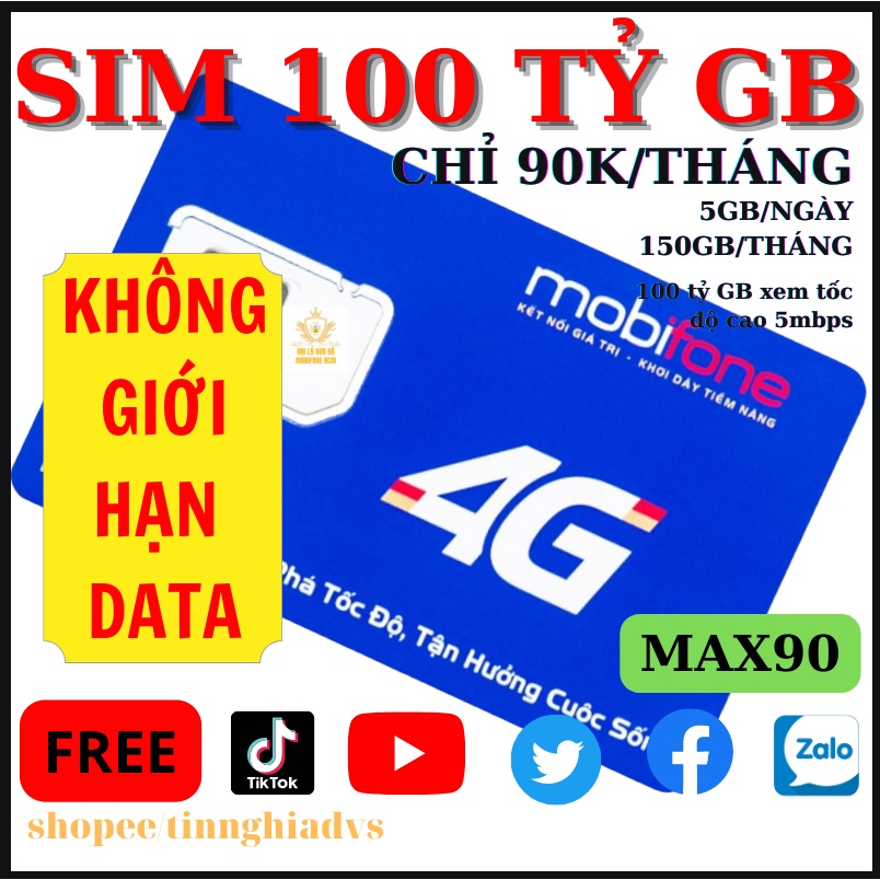 Sim 4g Mobifone Max dung lượng sim 4G 5G C90N - KC120 - MAX90 - 6MAX90 - KC90 - A89 free 4GB/ngày - 1000p nội mạng