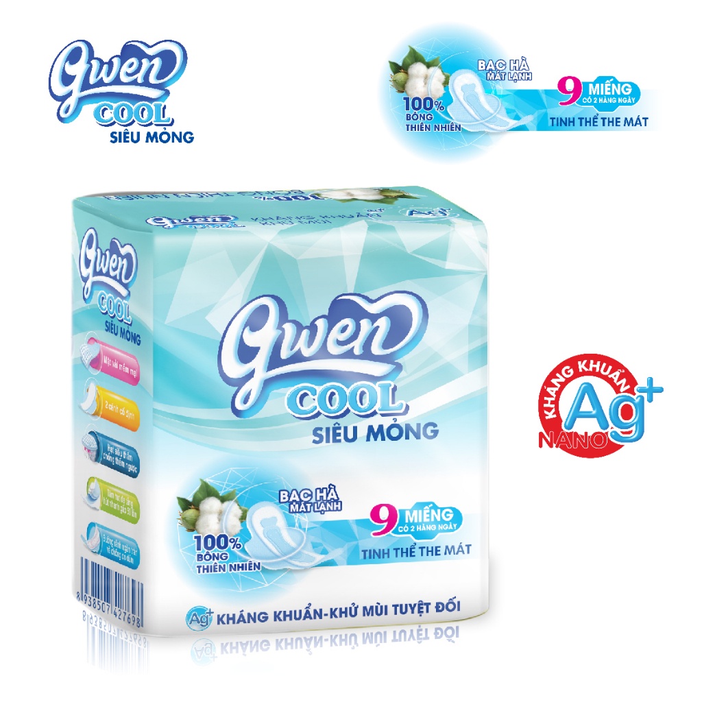 Băng vệ sinh GWEN COOl 9 miếng, BVS  ban ngày, có cánh, 24cm, 𝐌Ặ𝐓 𝐕Ả𝐈 𝐌Ề𝐌 𝐌Ạ𝐈, bạc hà mát lạnh, trà xanh khử mùi.