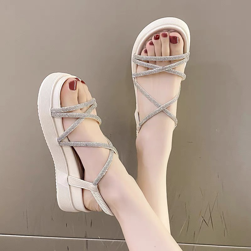 Sẵn_Sandal nữ dây đá đế cao 5 phân êm chân hàng QC (Mã 8803-Sandal đá nhỏ dây chéo)