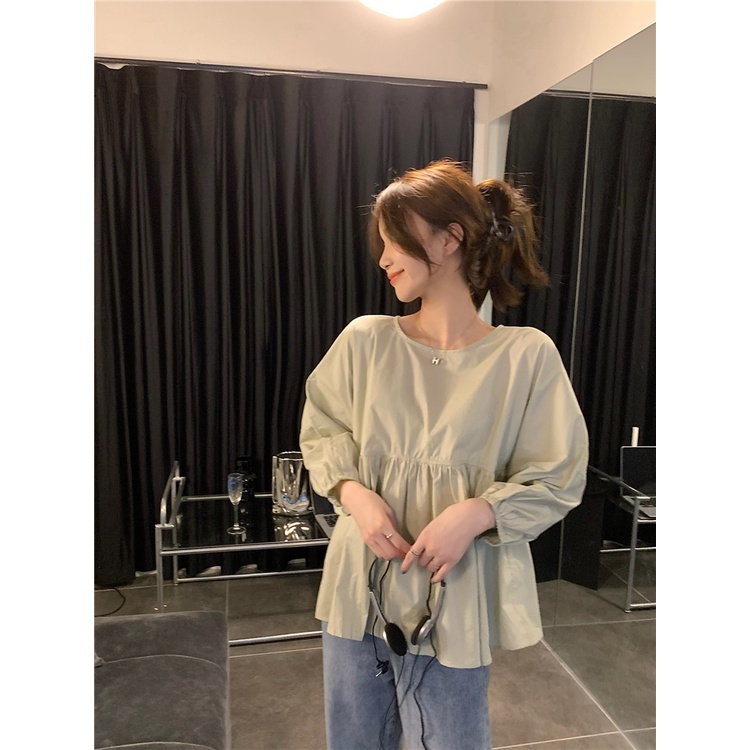 K. Style áo babydoll cổ tròn dáng ngắn xoè tay bo áo sơ mi nữ Hàn Quốc