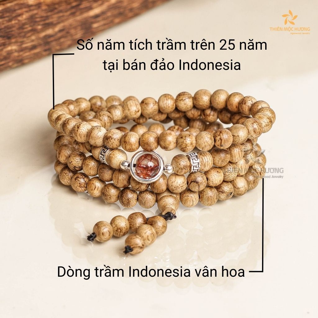 Vòng tay trầm hương 108 hạt Ngân Tú Indonesia vân hoa Thiên Mộc Hương, trầm hương tự nhiên, vun đắp, bao bọc