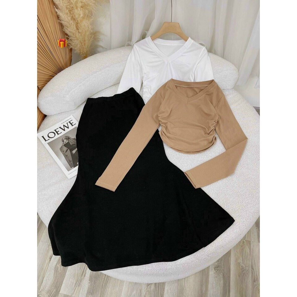 Set bộ nữ thun bozip áo dáng ngắn vạt bầu tay dài rút dây 2 bên mix chân váy xòe xinh xắn