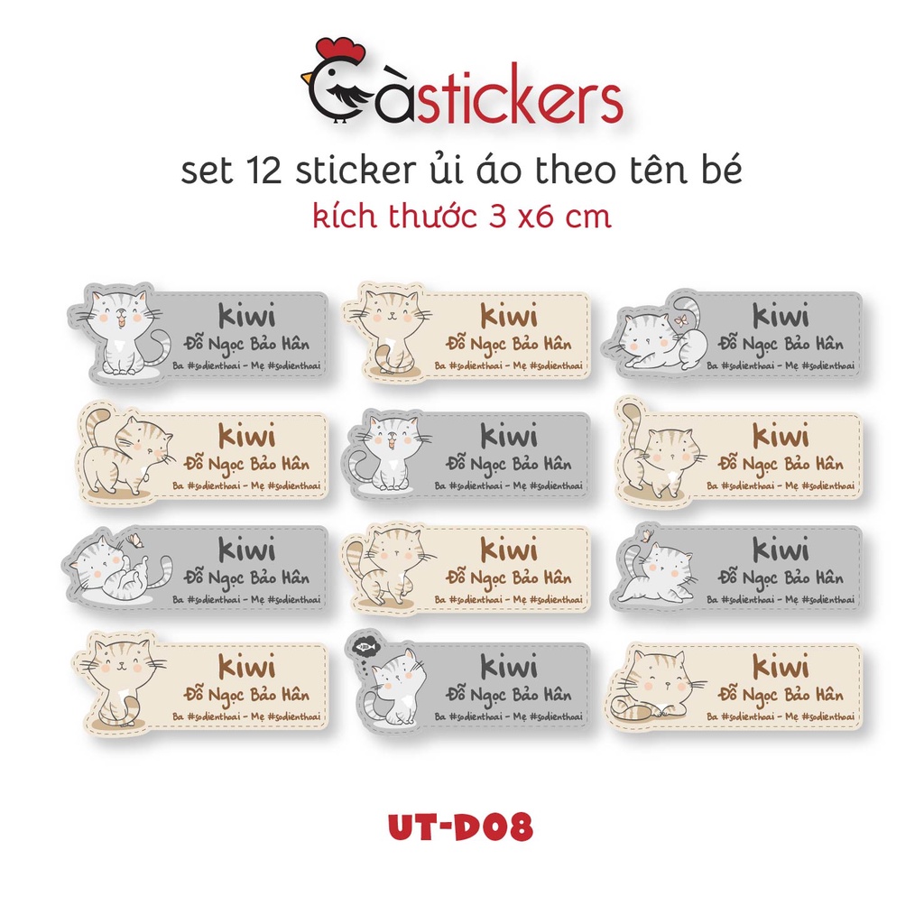 Sticker ủi áo in tên trẻ em GaStickers UT-D08- bộ 12 miếng kích thước 3 x 6 cm