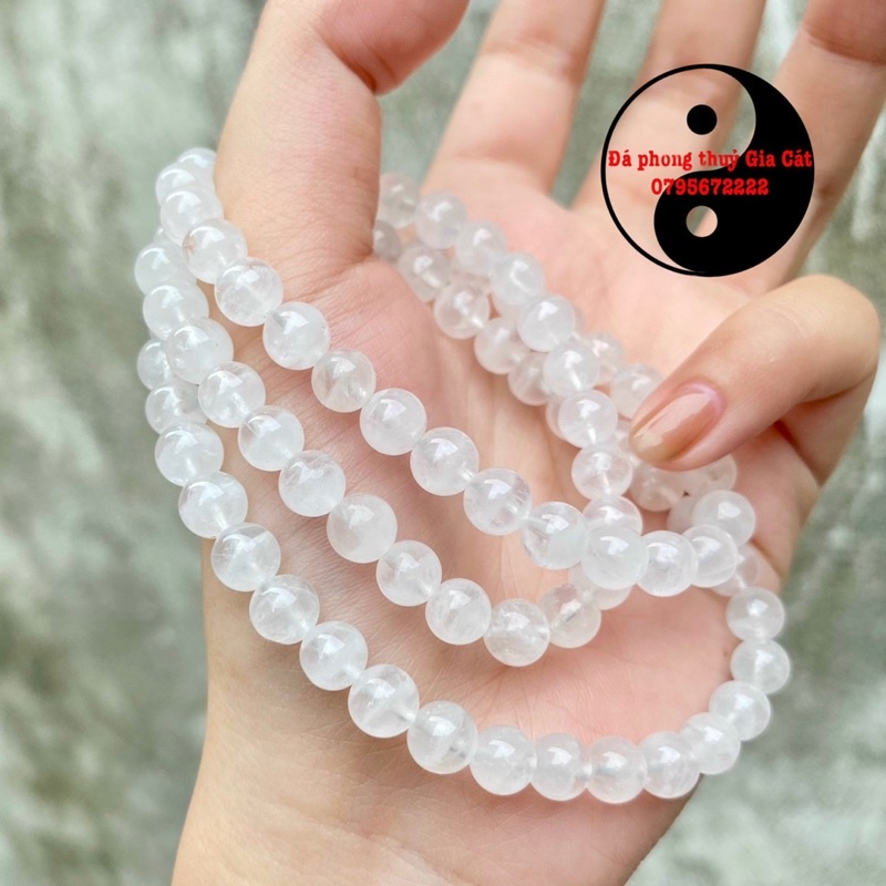 Vòng tay đá thach anh trắng ưu linh 6 li vân mây kín vân đẹp kiểm định