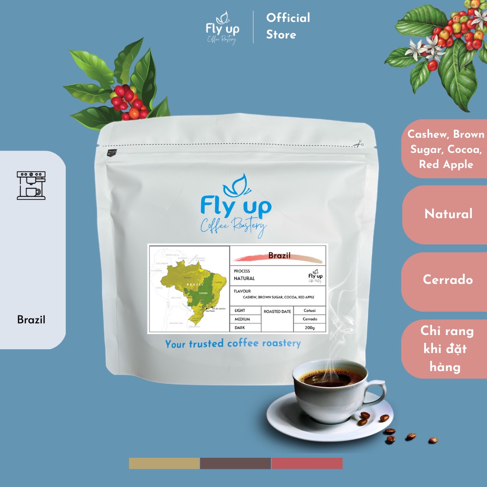 Cà phê Espresso Brazil Cerrado Natural gói 200g, Cafe Coldbrew nguyên chất rang mộc từ Fly Up Coffee