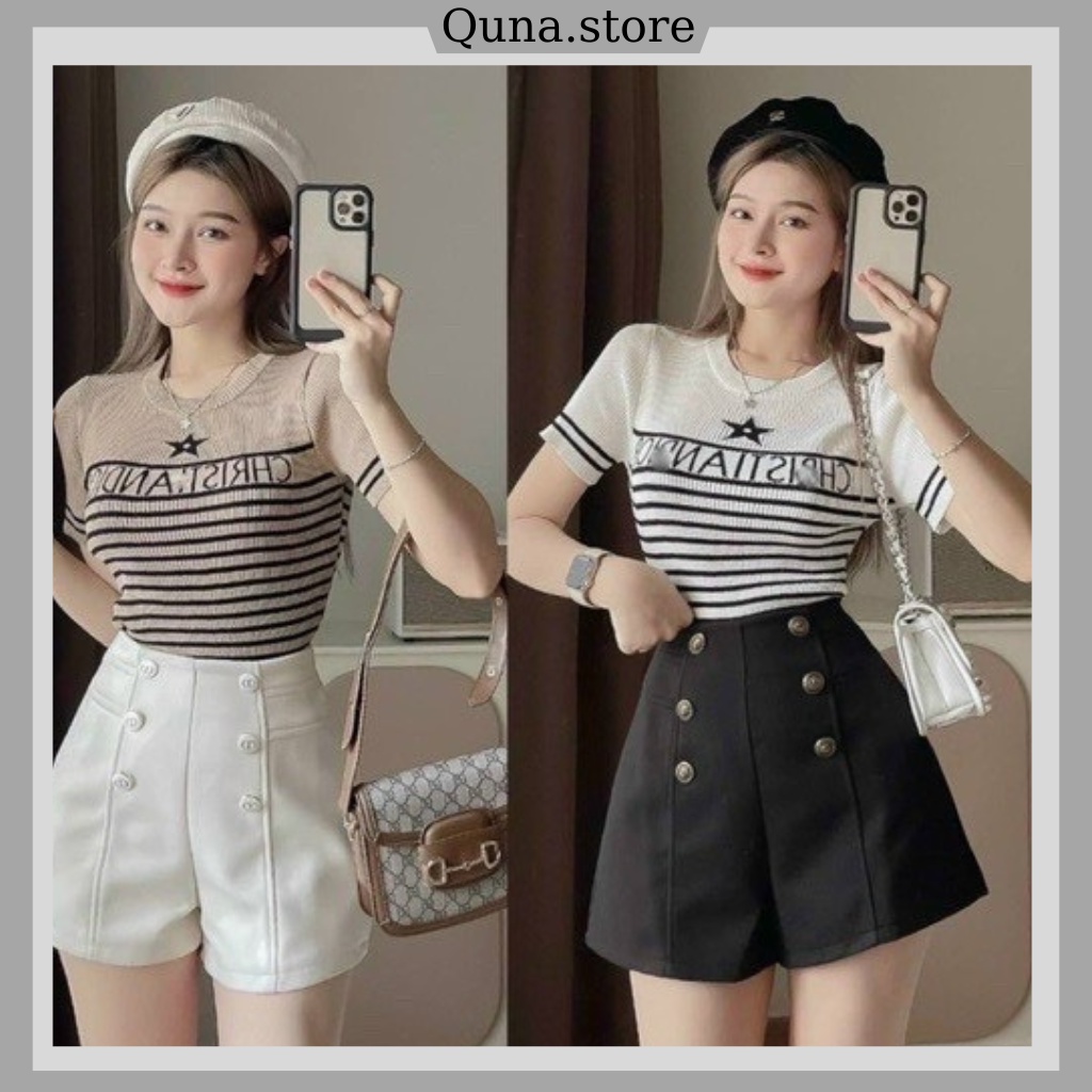 Áo len mongtoghi cộc tay cổ tròn kẻ ngang họa tiết di o ngôi sao A09