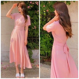 Đầm hồng ruốc cổ tròn chéo eo