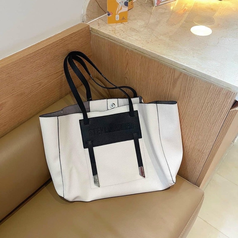 TNS - Túi tote da thật big size  Steven Maden shopper bag- -trắng đen sang chảnh