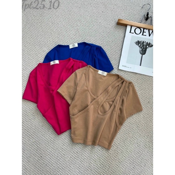 Áo Thun Trơn Croptop Tay Ngắn Cổ U Khoét Giọt Nước