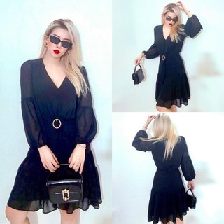 Đầm voan đen tầng kèm đai