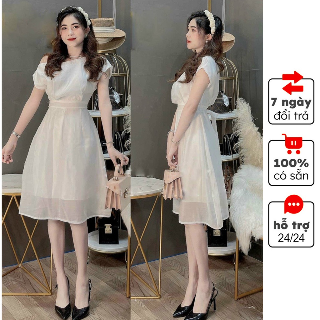 Váy trắng lệch vai sát nách dáng xòe, váy ngắn ngang gối ôm eo dáng tiểu thư, đi chơi, đi tiệc siêu xinh - D264