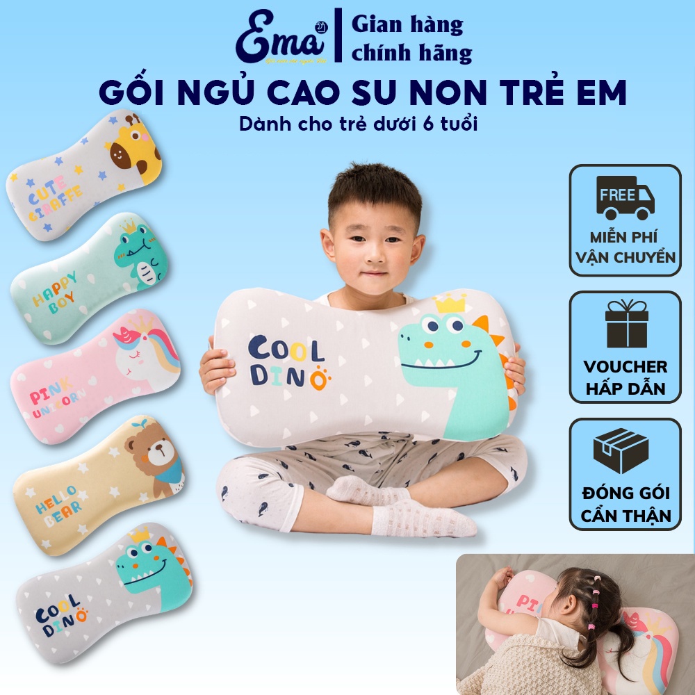 Gối cao su non cho bé thiết kế chuẩn công thái học hình thú dễ thương Ema - chống bẹp đầu cho bé Kích thước 50x28x3cm