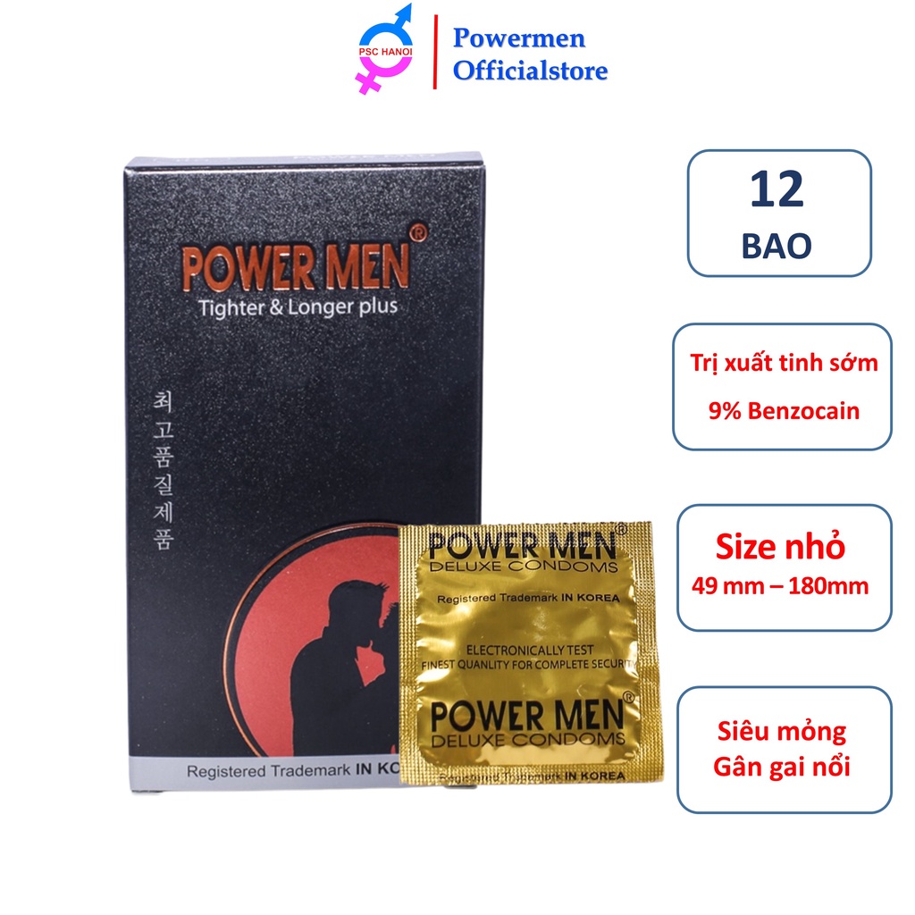 Bao cao su Powermen TIGHTER & LONGER plus Gân gai ôm khít chứa 9% Benzocain kéo dài thời gian size nhỏ 49mm