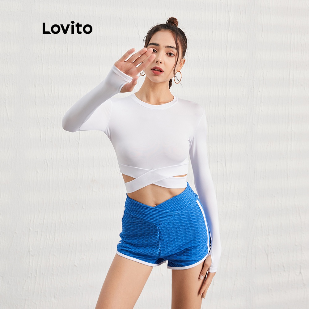 Áo thun Lovito thể thao màu trơn đan dây chéo nhanh khô L06160 (màu trắng)