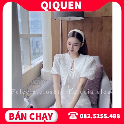 SET ĐẦM GẤM XỐP 2 DÂY + ÁO CROPTOP TAY PHỒNG CỘT NƠ QIQUEN076