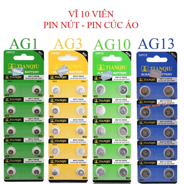 VĨ 10 VIÊN Pin kiềm Tianqiu Pin cúc áo Pin khô 1.5V Đồng hồ đồ chơi điều khiển từ xa Pin AG1-AG13