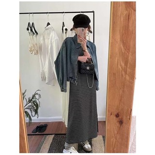 Váy thun kẻ dáng dài vintage