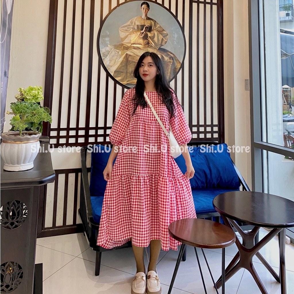 Váy babydoll tay bồng kẻ sọc caro xếp ly dáng dài cúc lưng dây buộc eo vintage phong cách Hàn Quốc