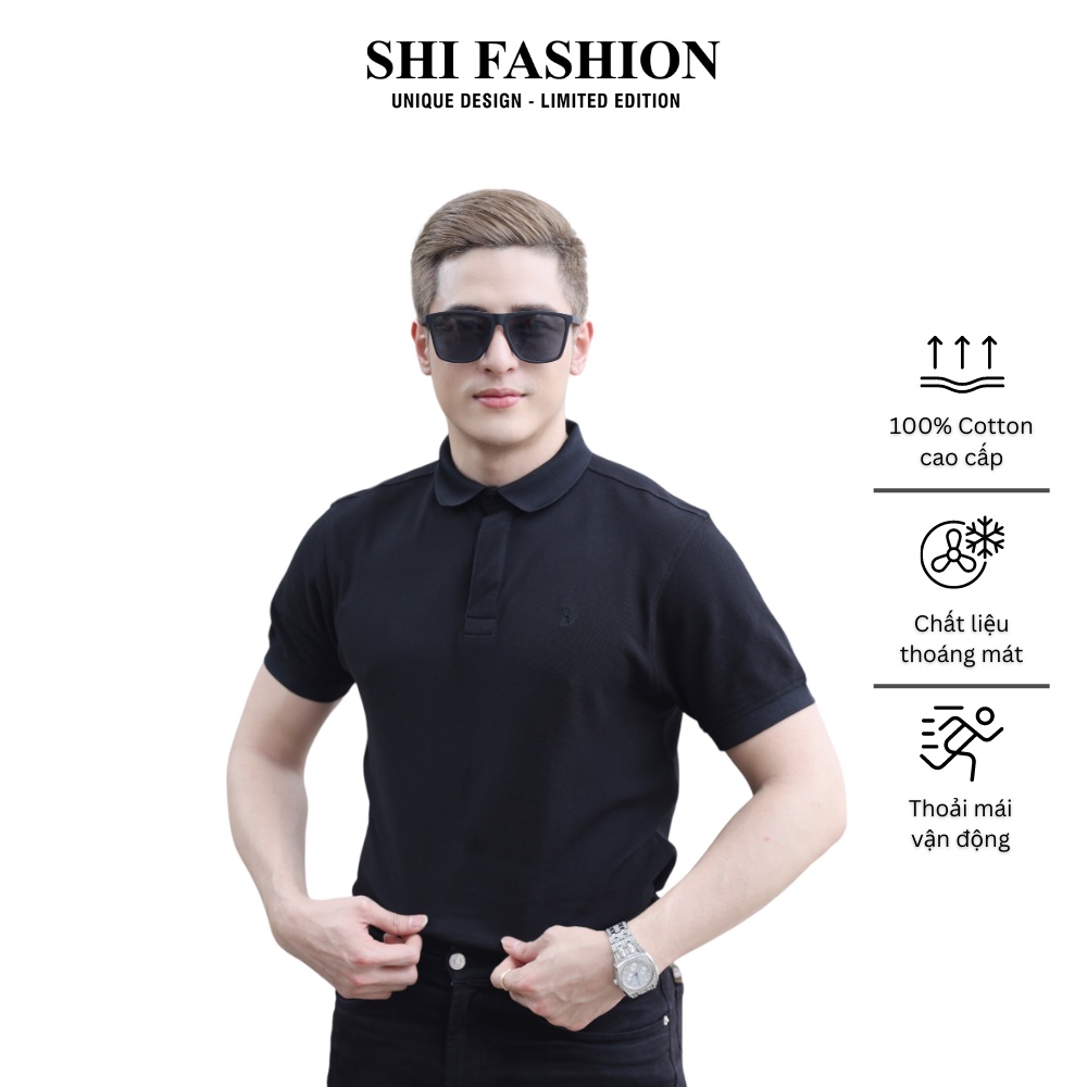 Áo polo nam màu đen trơn tay ngắn có cổ, thiết kế thời trang nam tính | Shi Fashion