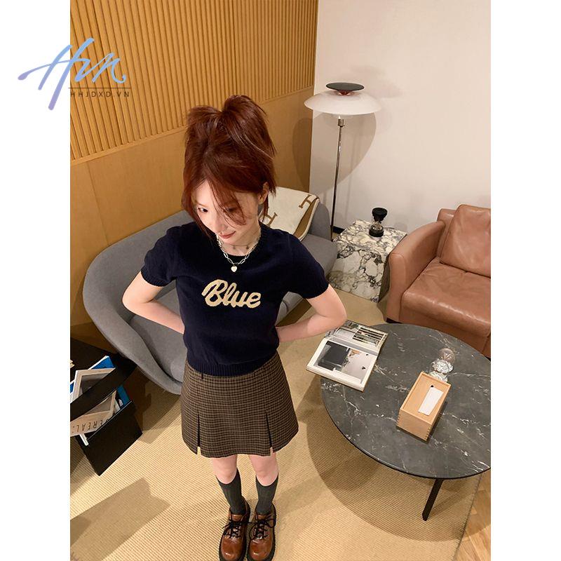 Áo Dệt Kim Tay Ngắn Cổ Tròn Hai Màu Sắc Phong Cách Retro Dành Cho Nữ