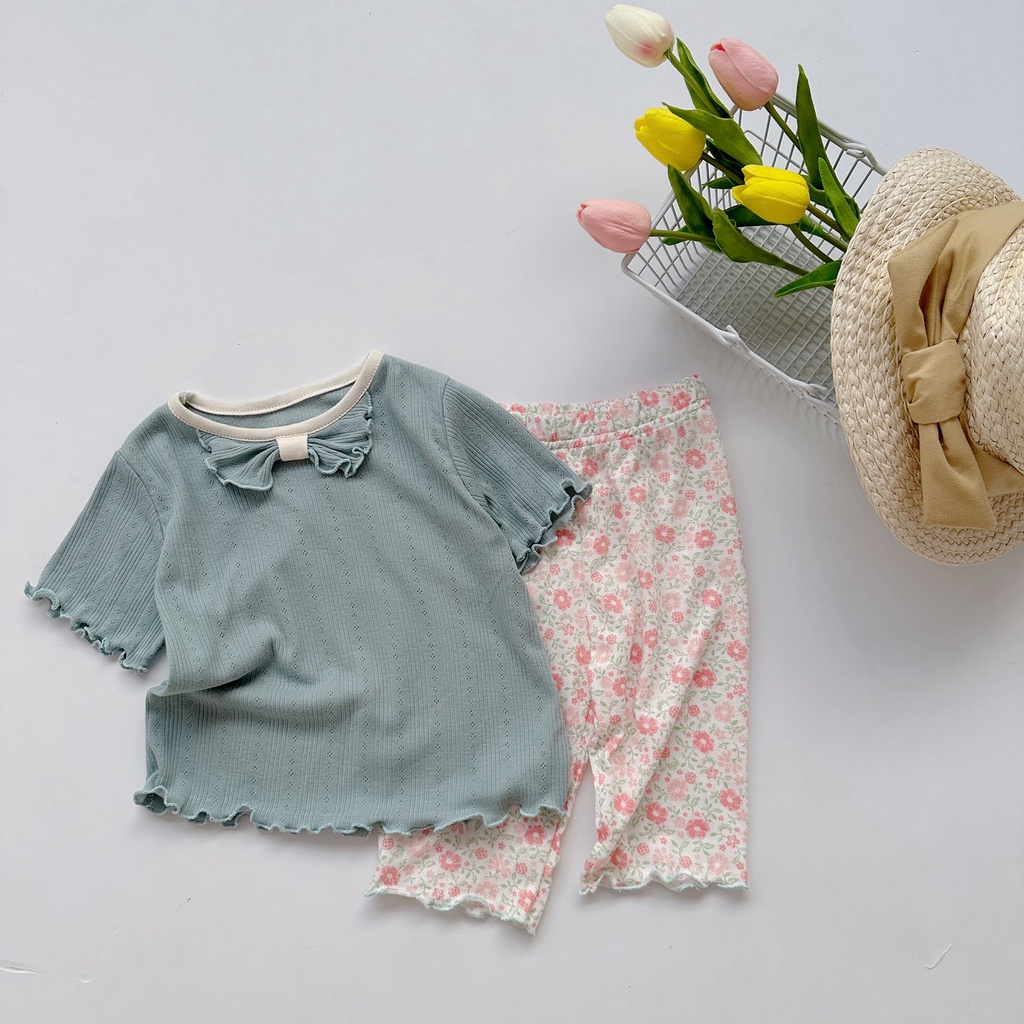 Bộ cộc tay họa tiết phối viền nơ cho bé Minium, Bộ quần áo trẻ em cotton thu hè, miniumbabyfashion SB1430, SB1466