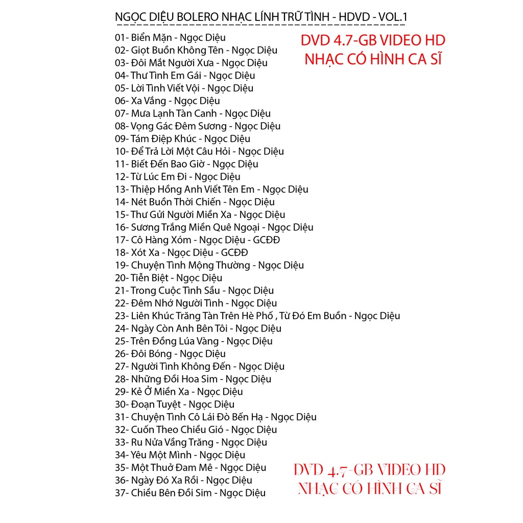 DVD VIDEO NGỌC DIỆU GIỌT BUỒN KHÔNG TÊN 37 BÀI HÁT