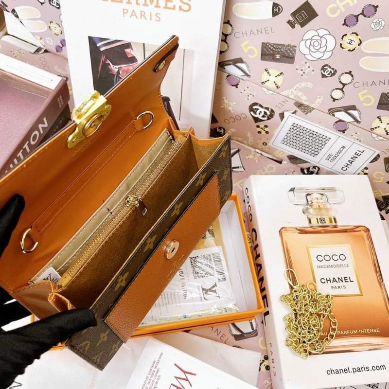 Túi ví nữ L.V kèm dây xích đeo chéo da phối màu siêu xinh size 22