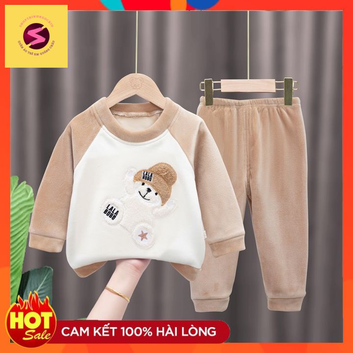Bộ quần áo trẻ em thu đông,100% nhung thêu gấu, thỏ hàng quảng châu cao cấp bé trai bé gái từ7-30kg