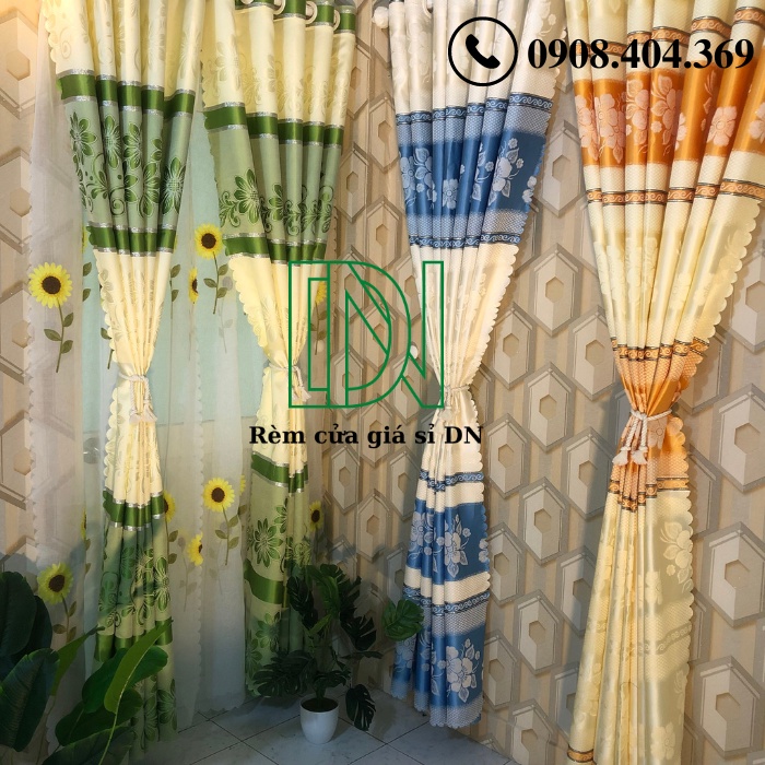 Rèm vải gấm hoa văn kẻ sọc 2 màu xanh biển và ghi xám siêu đẹp miễn phí công may.